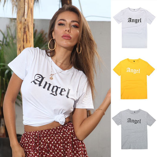 Round neck angel letter print T-shirt